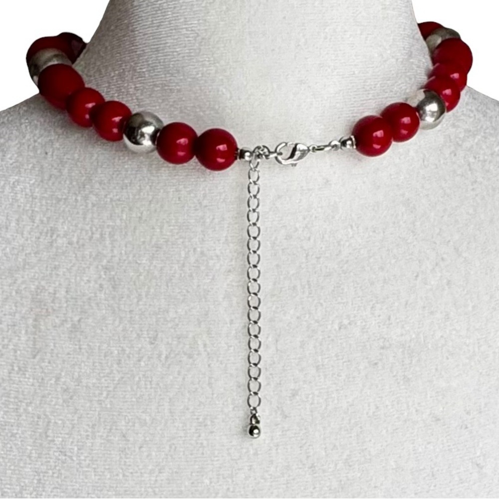 Statement Red Beaded Silver Tone Oval Pendant Chunky Bold Collar Necklace - Picture 4 of 7